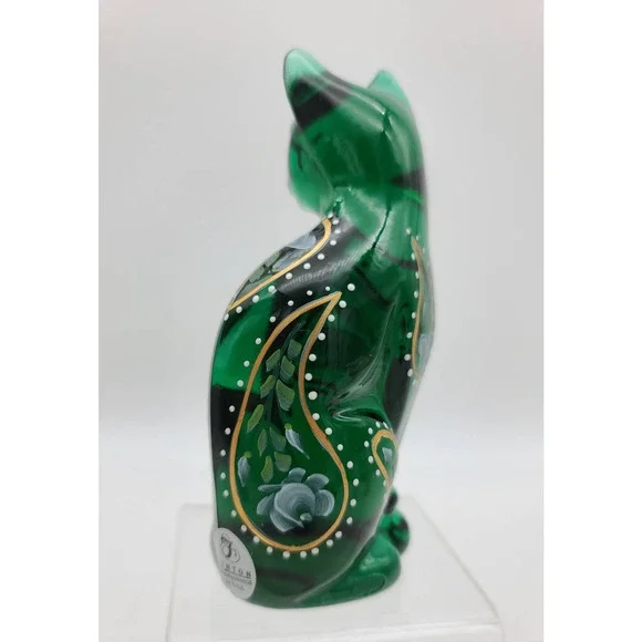 Fenton Glass Hand Painted Emerald Green Stylized Cat Figurine 5" Vintage 2000 - Picture 2 of 3